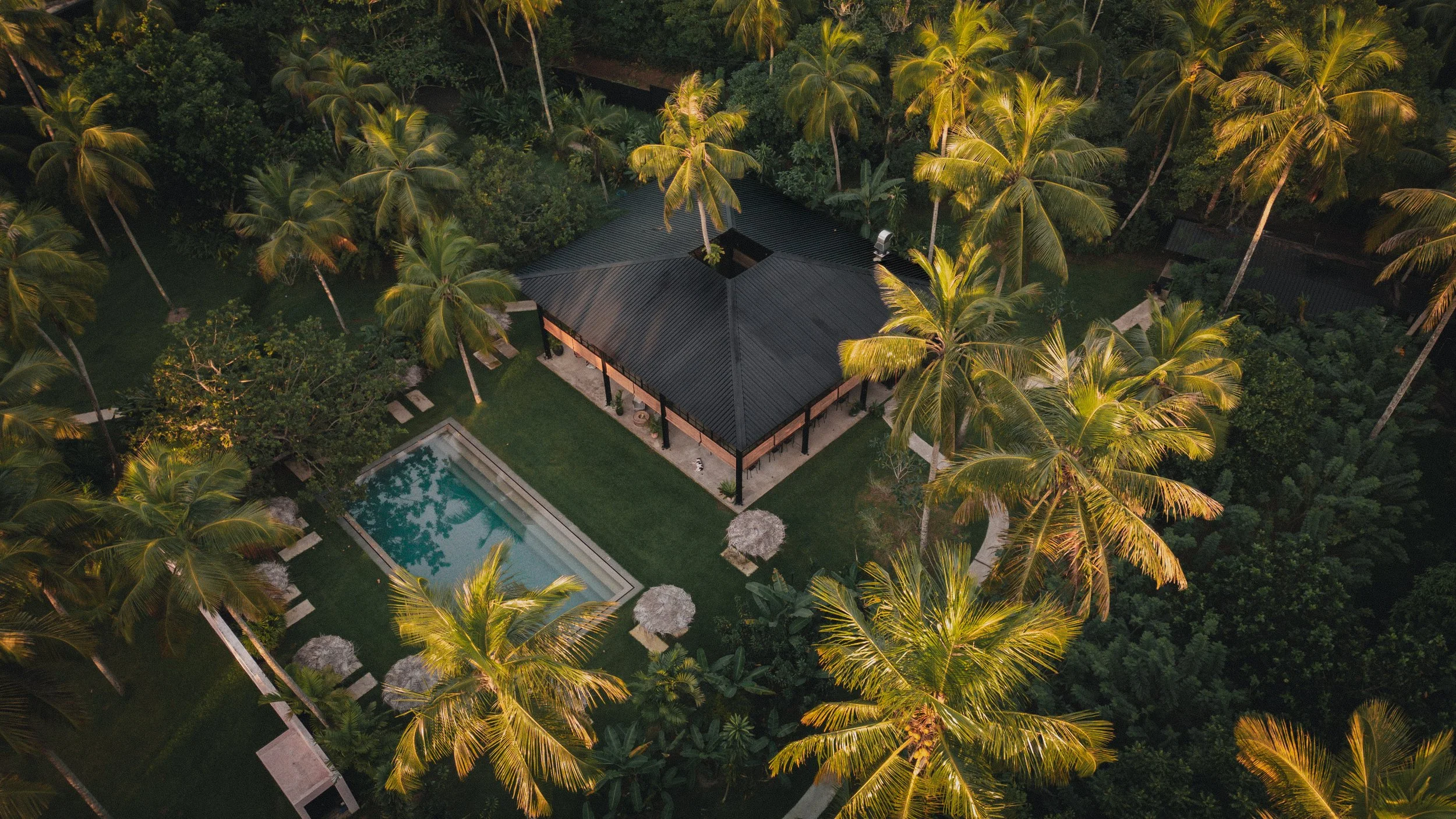 Vogelperspektive auf ein Haus mit dunklem Dach, umgeben von Palmen und einer Poolanlage in einem tropischen Garten.