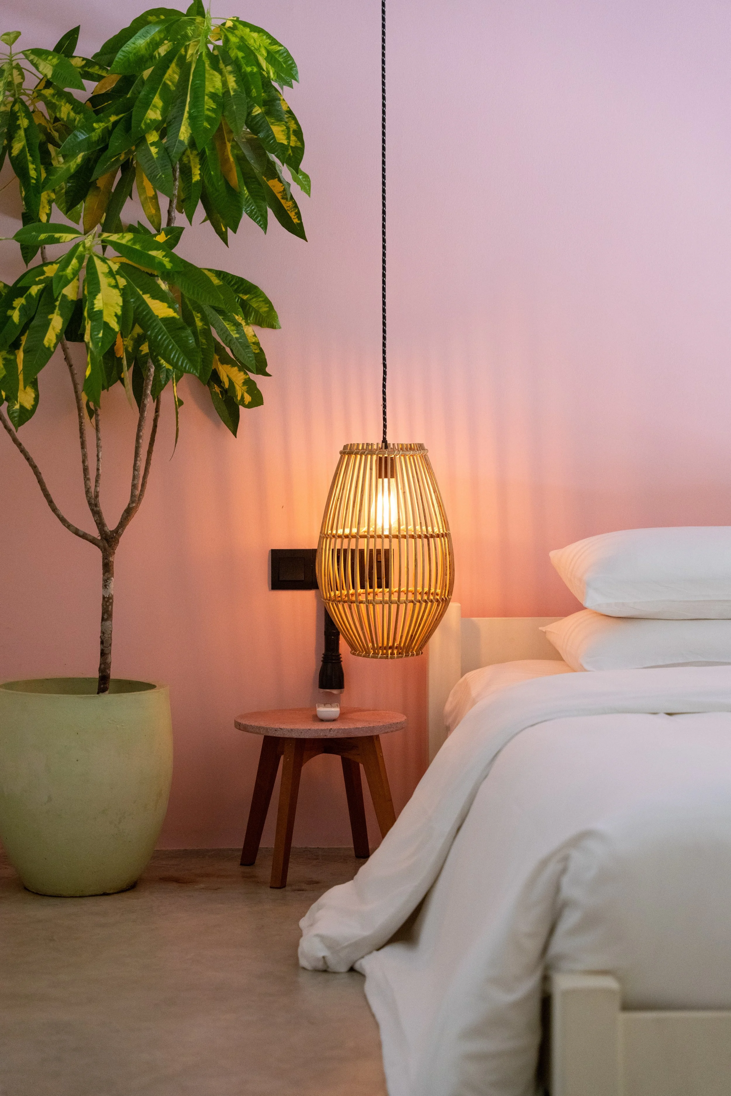 Ein Schlafzimmer mit einem weißen Bett, einer Holznachtisch, einer lampenähnlichen Hängeleuchte aus Holz, einem großen Zimmerpflanzen in einem hellgrünen Top und einer rosa Wand im Hintergrund.