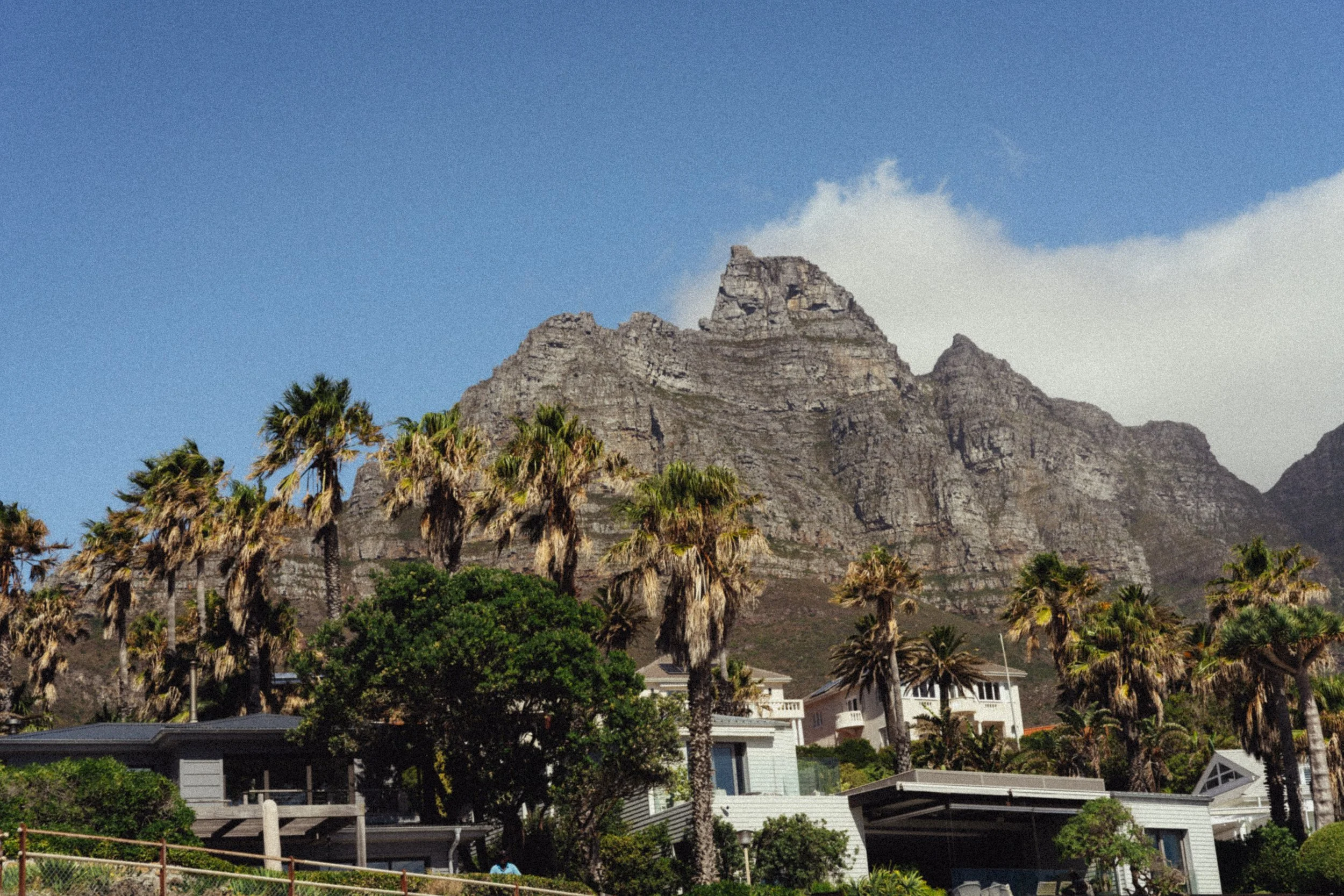 Berg mit steiler Felsenküste im Hintergrund, Palmen und moderne Häuser im Vordergrund, sonniger Tag, blaue Himmel mit wenigen Wolken.