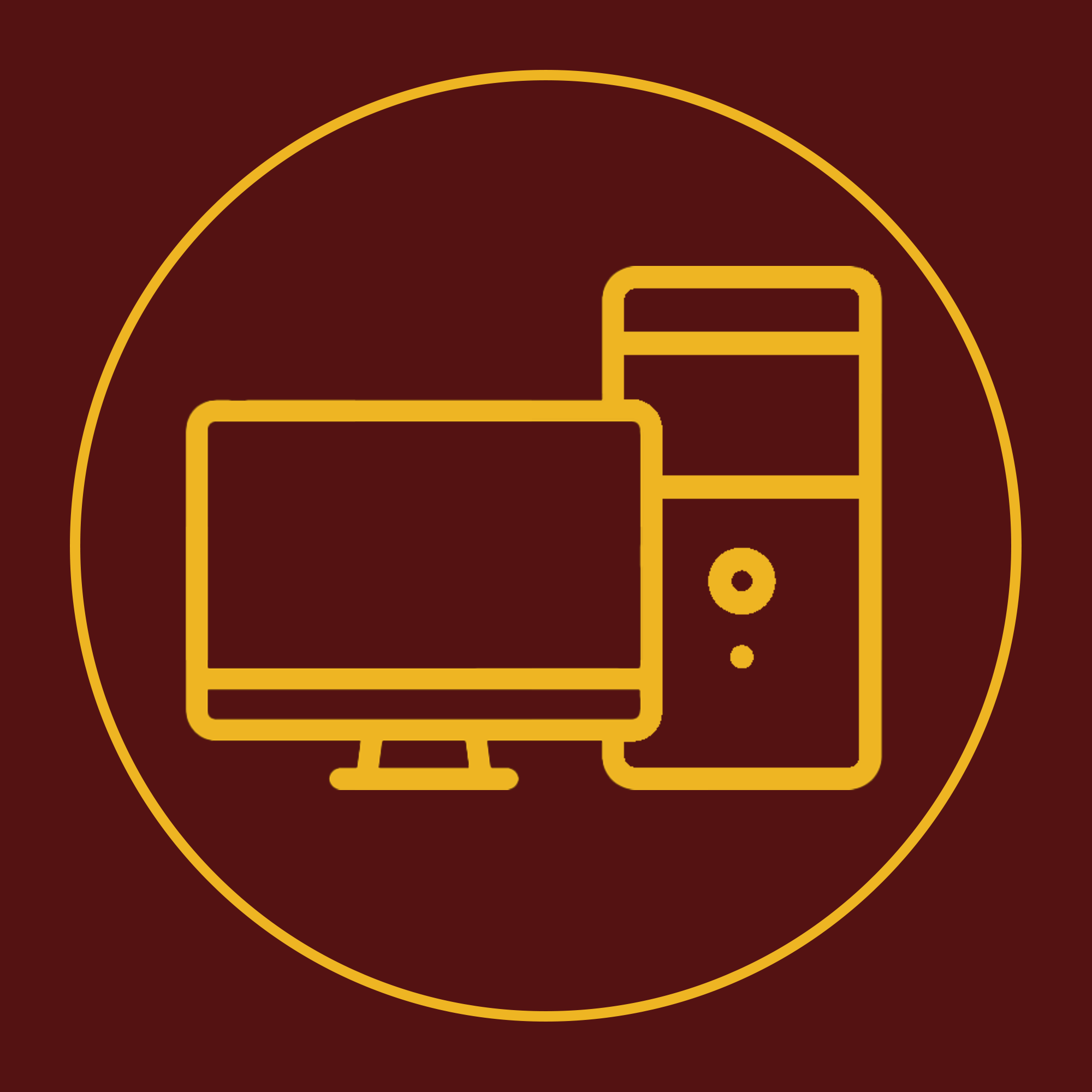 Line art icon of a computer monitor and CPU tower on a dark red background with gold outlines.