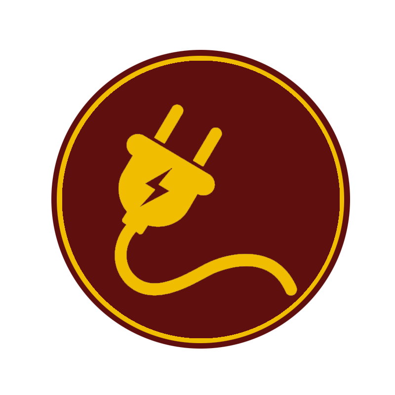 A circular logo with a dark red background, featuring a yellow electrical plug with a lightning bolt symbol on it.