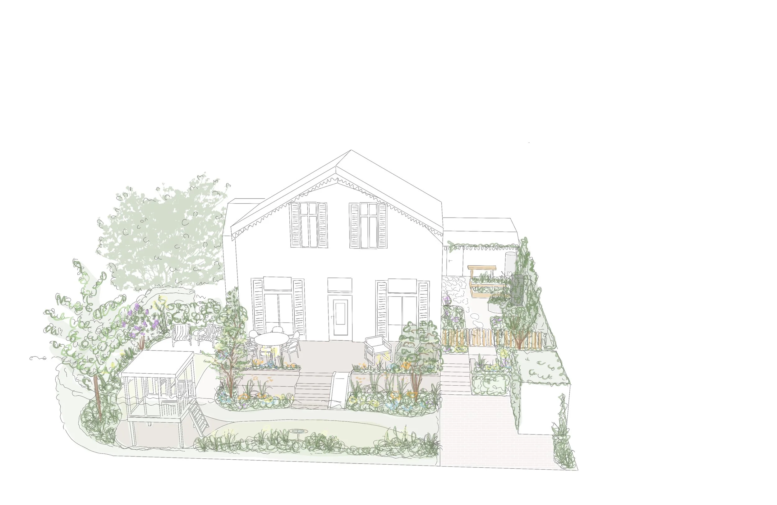 Speelse tuin rondom huis