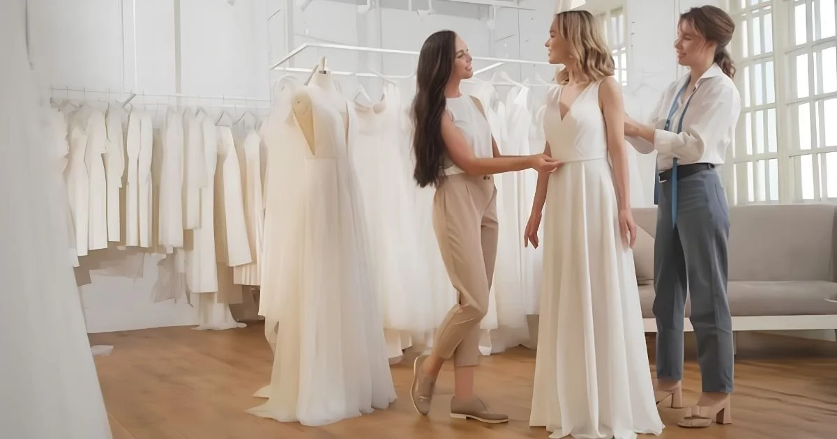 bride trying on a wedding dress in a bridal boutique while shopping on a budget