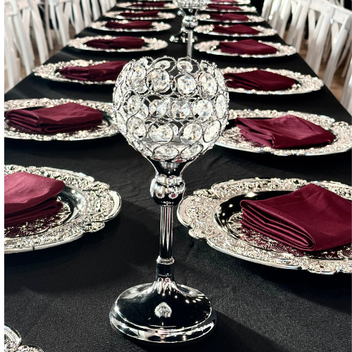 close up of a crystal goblet centerpiece on a Gatsby reception table
