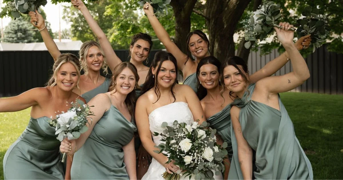 bride and bridesmaids in sage green satin dresses holding eucalyptus and white rose bouquets