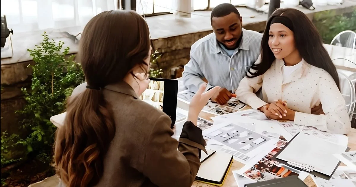 engaged couple reviewing mood board photos with a wedding planner to set budget priorities