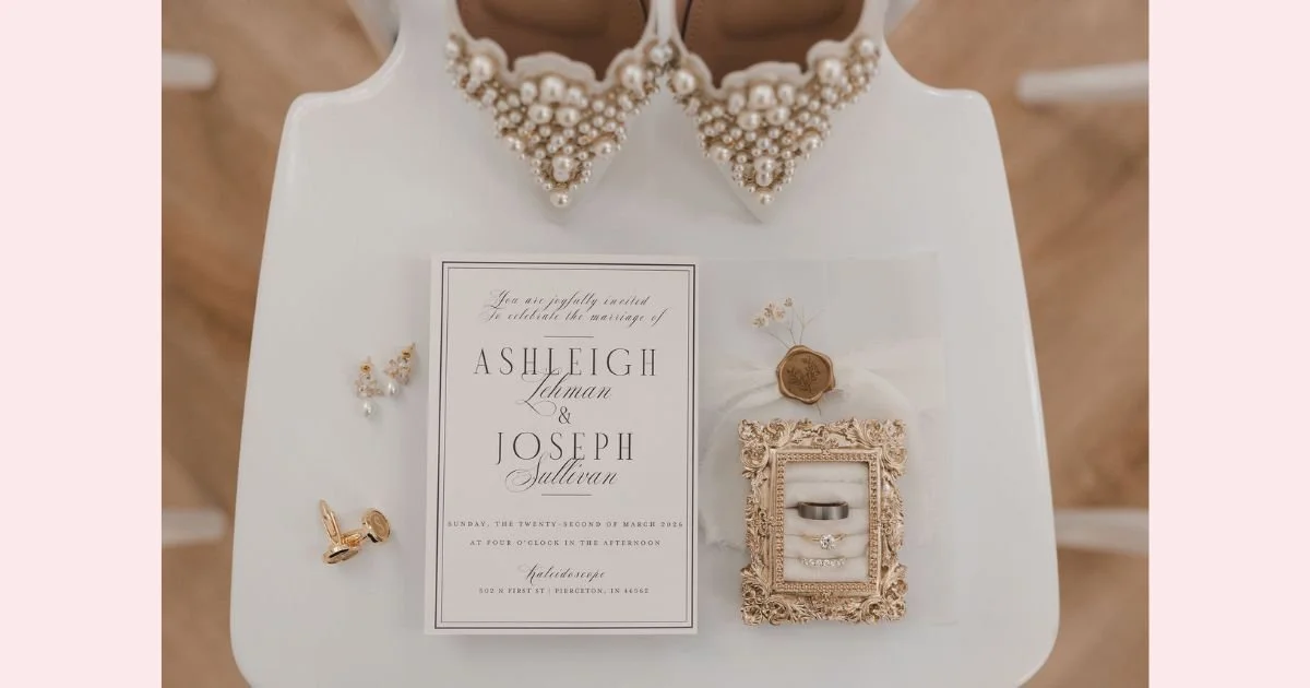 hand calligraphy with cursive and serif fonts wedding invitation styled with pearl bridal shoes and gold accents