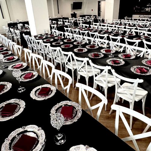overhead view of the full Kaleidoscope reception room set for a Gatsby event