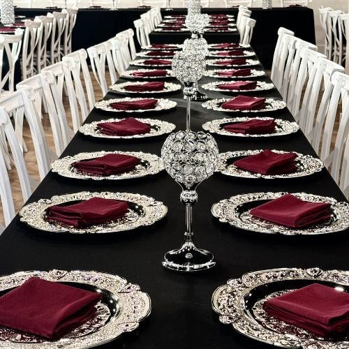 full length overhead view of a Gatsby reception table with matching crystal centerpieces