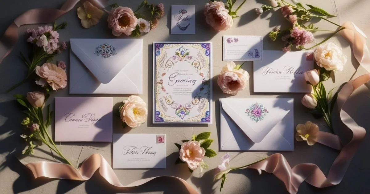handmade wedding invitations and signage styled with ribbon and fresh flowers