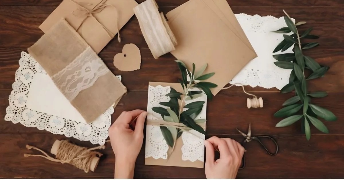 hands assembling diy wedding invitations to cut wedding costs