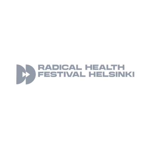 Logo for Radical Health Festival Helsinki with stylized icon and event name on a digital blue background.