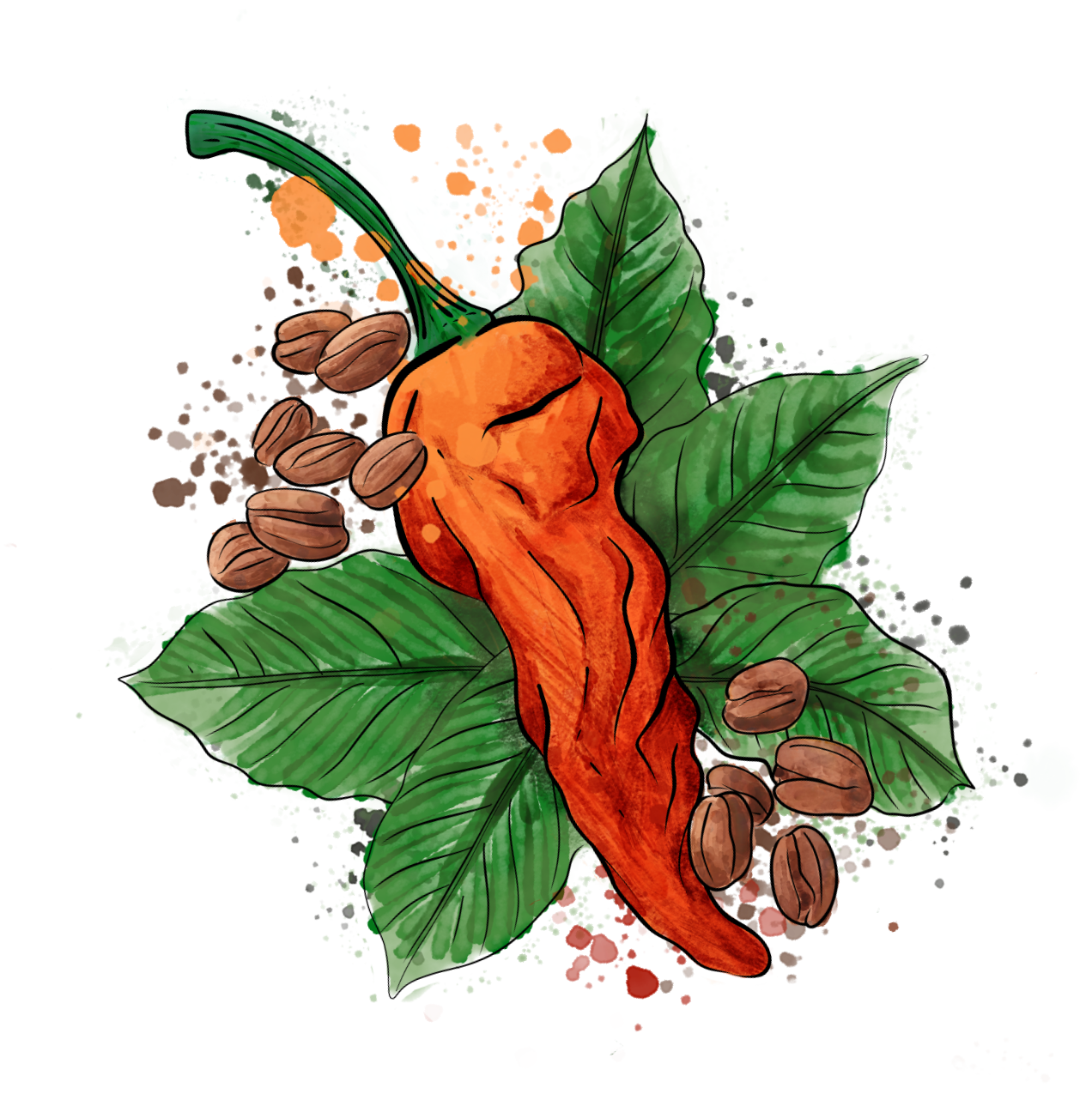 Illustration of a coffee plant with green leaves, an orange coffee cherry, brown coffee beans, and a blue butterfly.