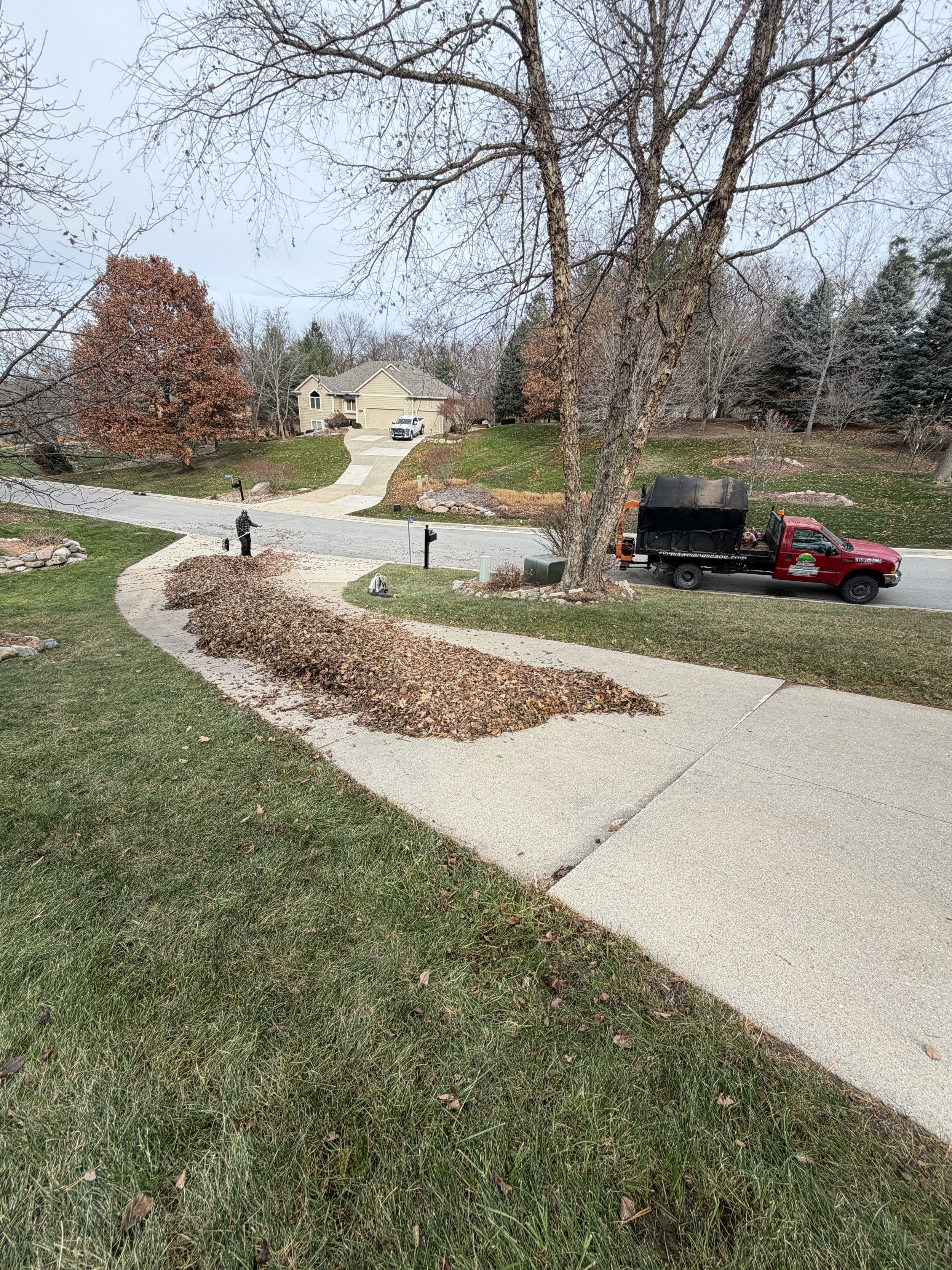 A lawn maintenance scene showing a leaf blower and a rake on a green grassy lawn, with a pile of fallen leaves on the sidewalk and a leaf vacuum truck parked on the street in the background.