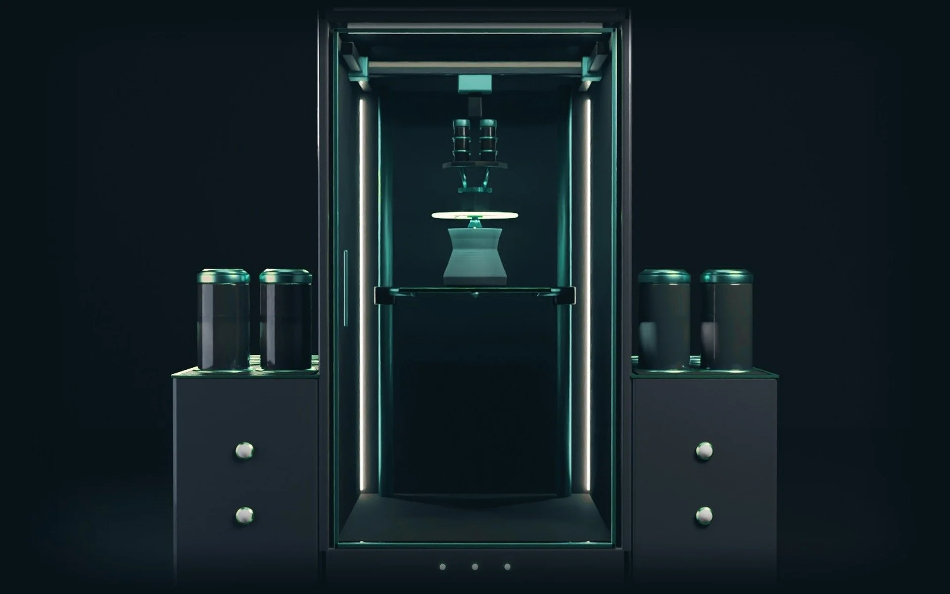 Rendering of the Manifester printer, a dark tower with a glass front and cartridges on both sides.