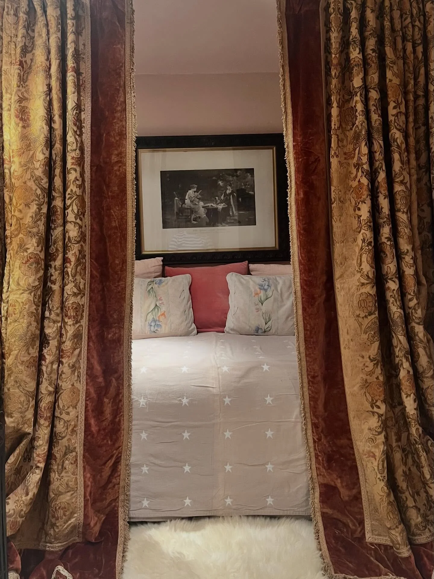 This is a whole new level of chill. I finally found a home for a really stunning pair of beautiful antique silk and velvet curtains that came from Norway. Approximately 160 years old, they now enclose a day bed that I previously displayed my wool pie