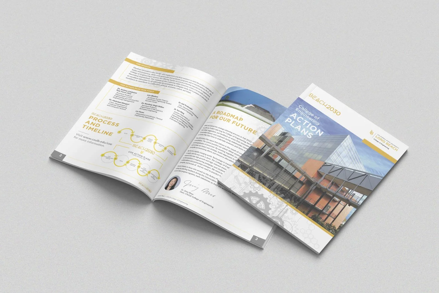 StickyNote Creative's one-pager for CSULB College of Engineering features modern graphics & engaging content against a neutral background, perfect for university recruitment.