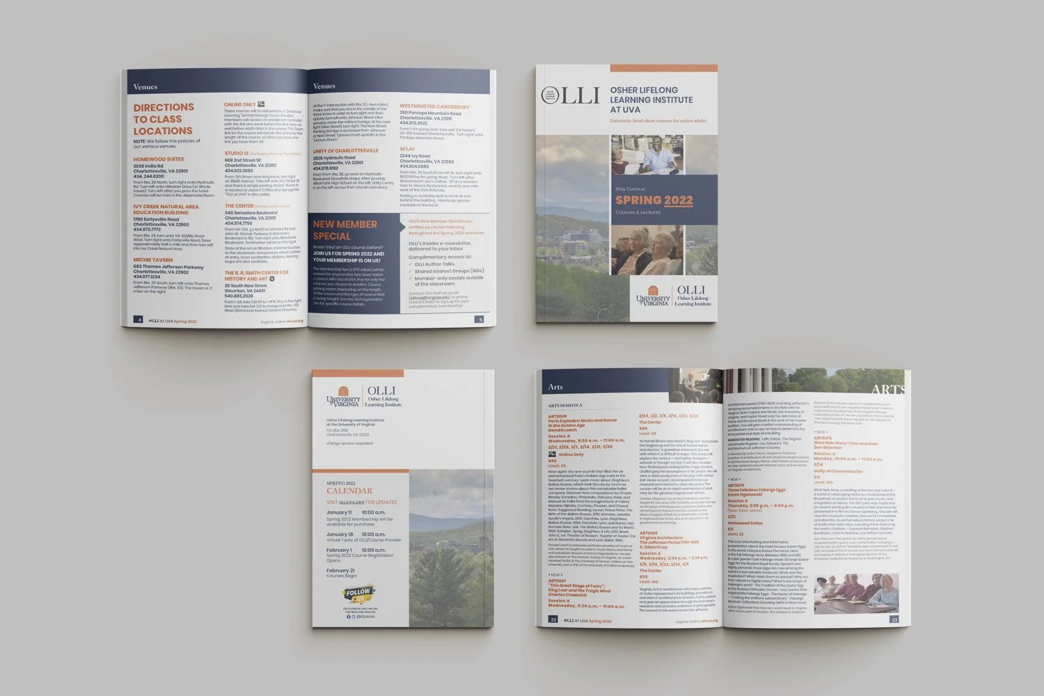 StickyNote Creative displays their graphic design skills in the OLLI Course Catalog for Spring 2022. The modern design showcases university branding with clean, readable pages and engaging imagery.