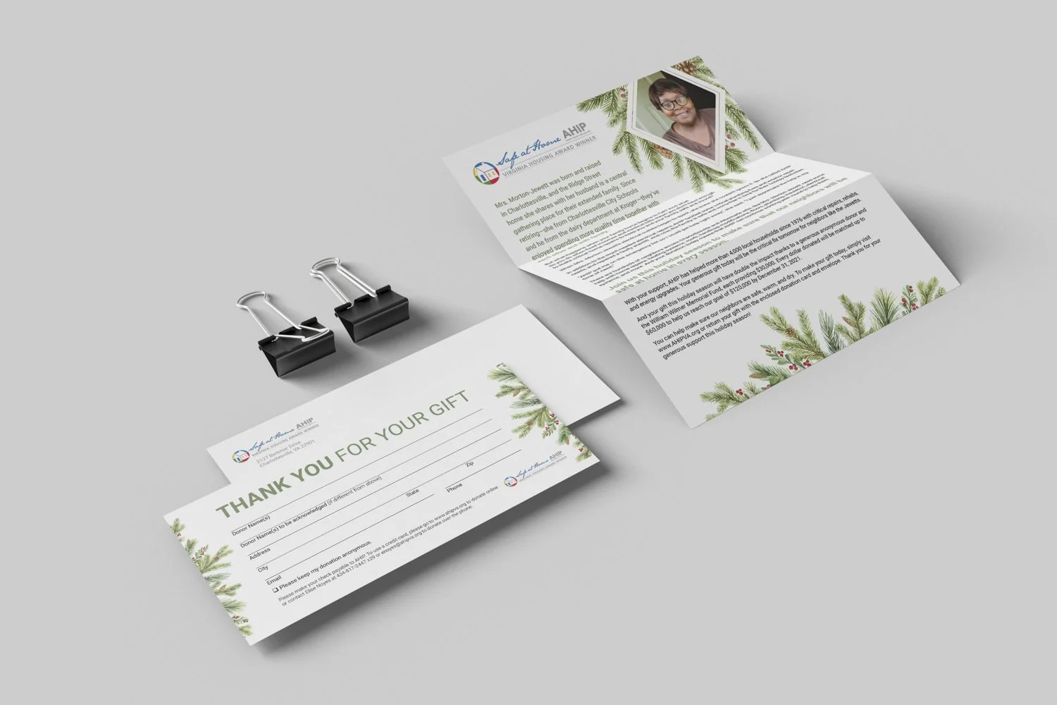 StickyNote Creative designed AHIP Fundraising Campaign's brand collateral. Pops of green from pine branch motifs and refined typography complement a clean, contemporary aesthetic.