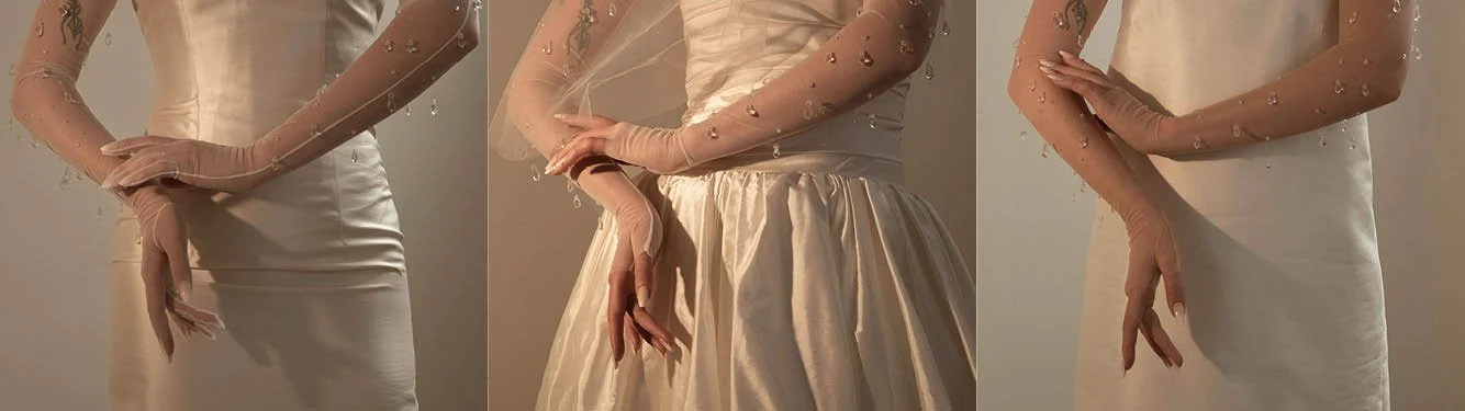 Close-up of a woman wearing wedding dress and sheer gloves with small decorative elements, shown in full glove, fingerless, and nude mesh options.
