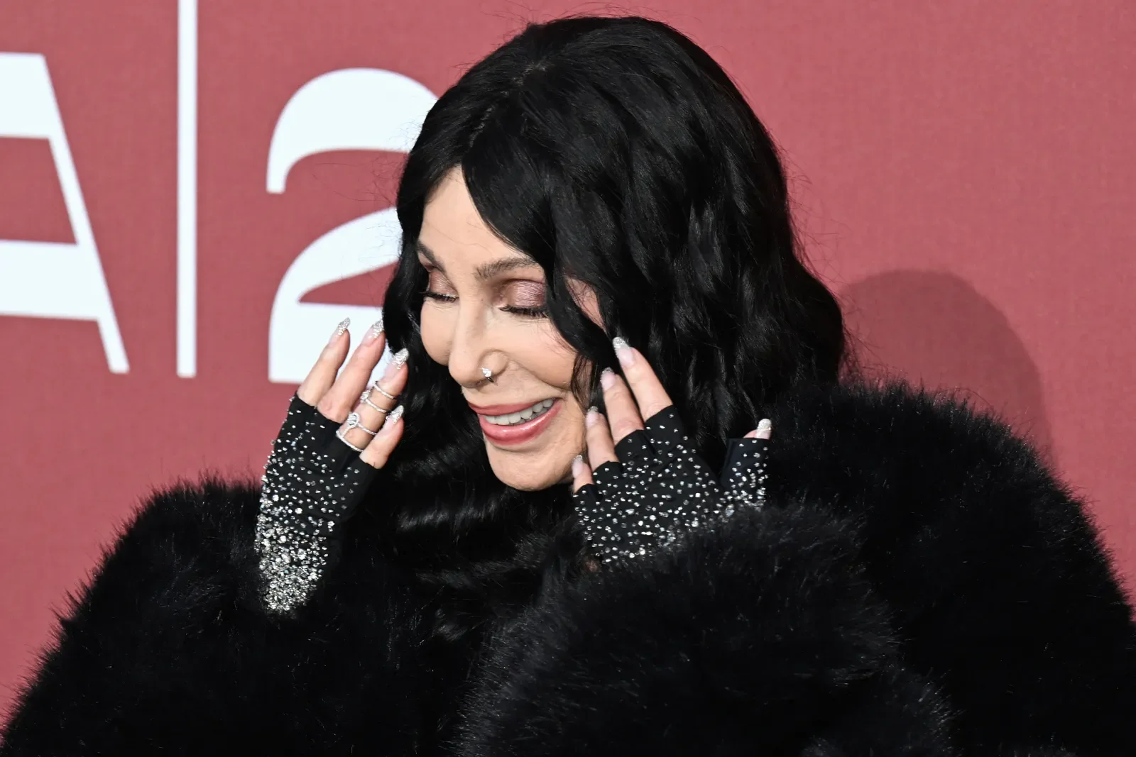 Cher in custom C'est Jeanne gloves, styled by Patti Wilson.