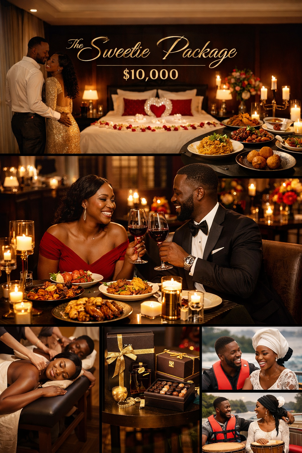 A romantic celebration featuring a couple, luxurious dining, and gift-giving, with a backdrop of candles and flowers.