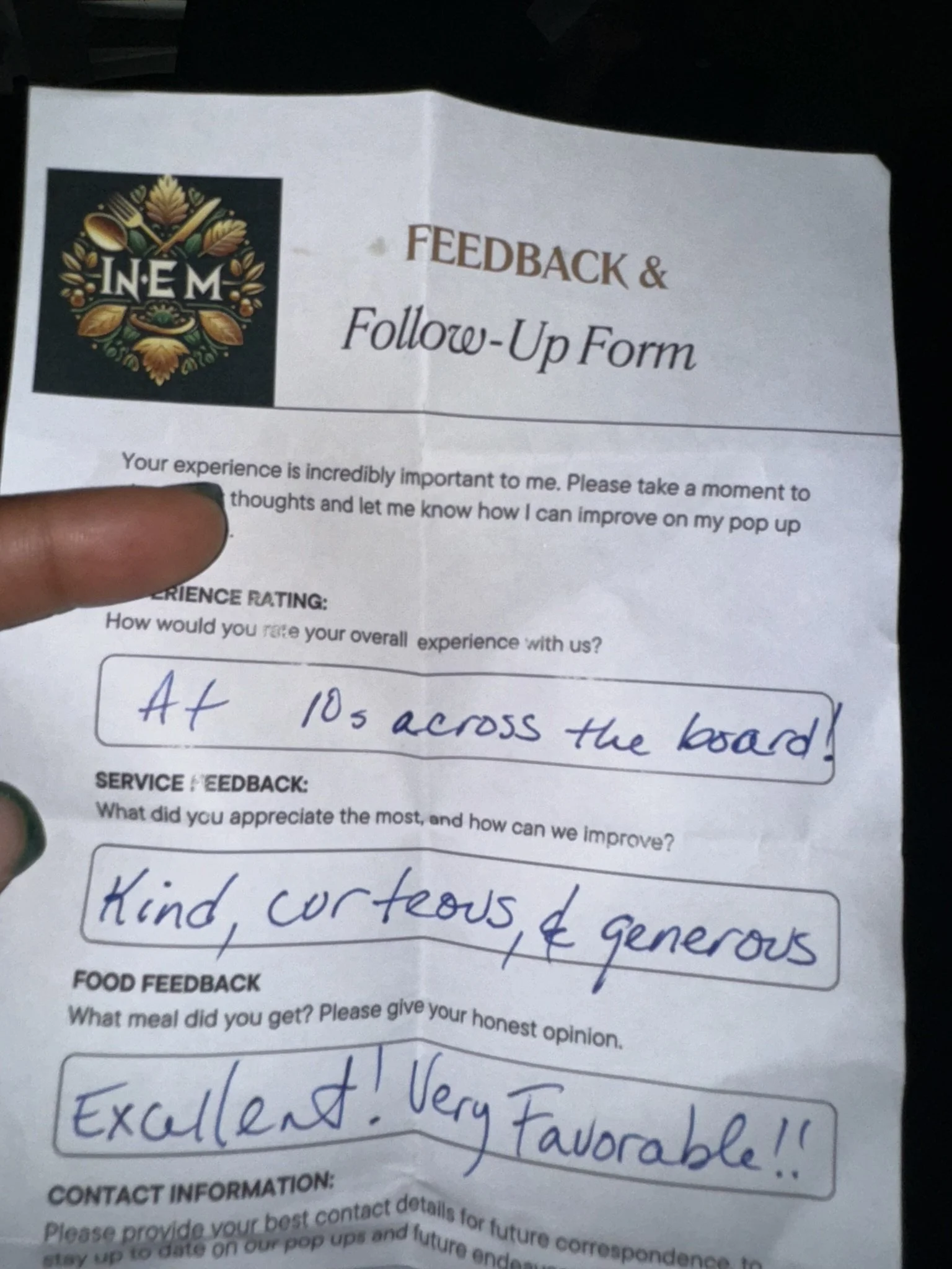 A feedback and follow-up form from INEM with handwritten responses, including ratings and comments on service and food. The form has a logo with a fork, spoon, and leaf design.