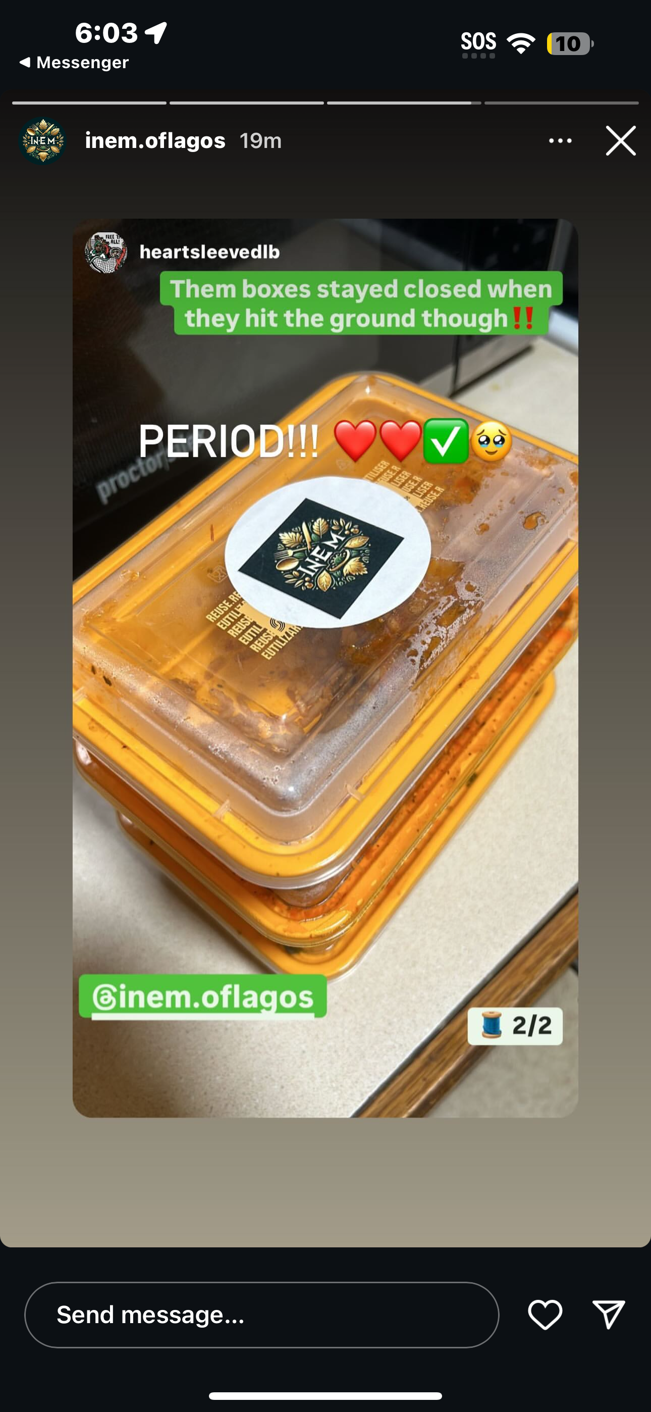 Stacked closed food containers on a table with a label and a sticker, surrounded by text and emojis indicating it's during a period.