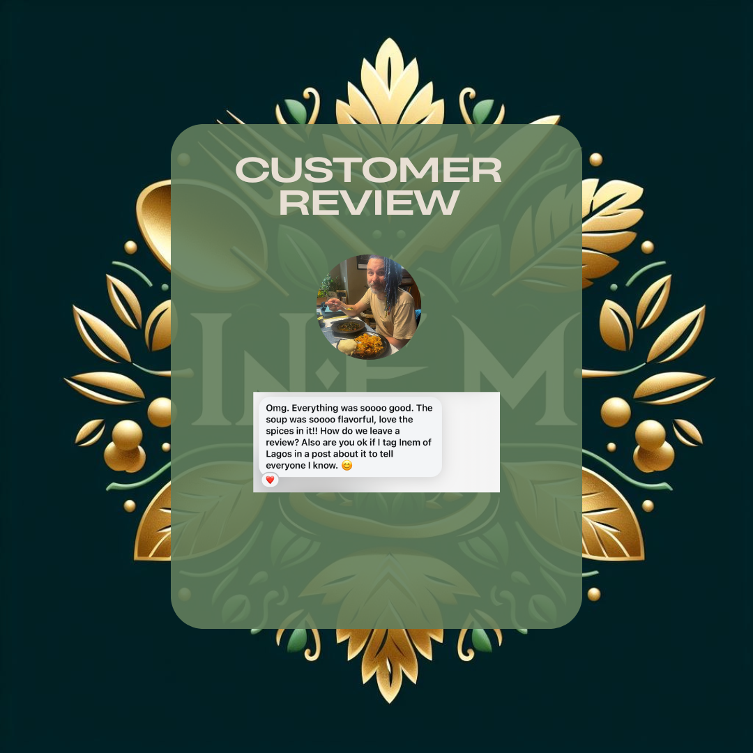 Customer review graphic with a photo of a person eating at a restaurant, surrounded by decorative gold and green floral patterns.