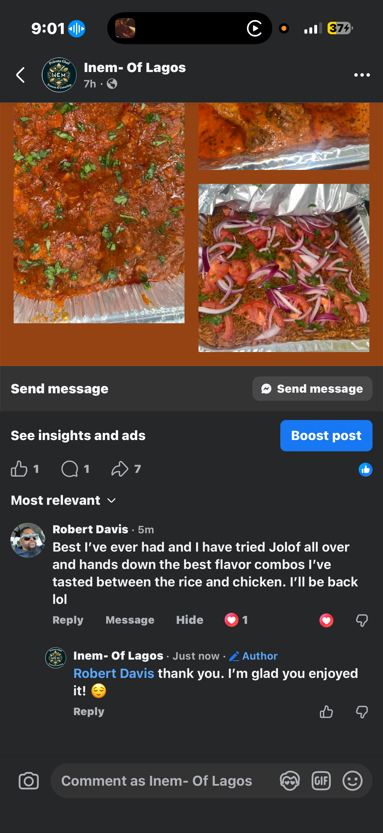 Photos of Nigerian Jollof rice with meat, chicken, and fried fish, topped with sauce and garnished, along with a plate of Jollof rice with sliced tomatoes, onions, and herbs.
