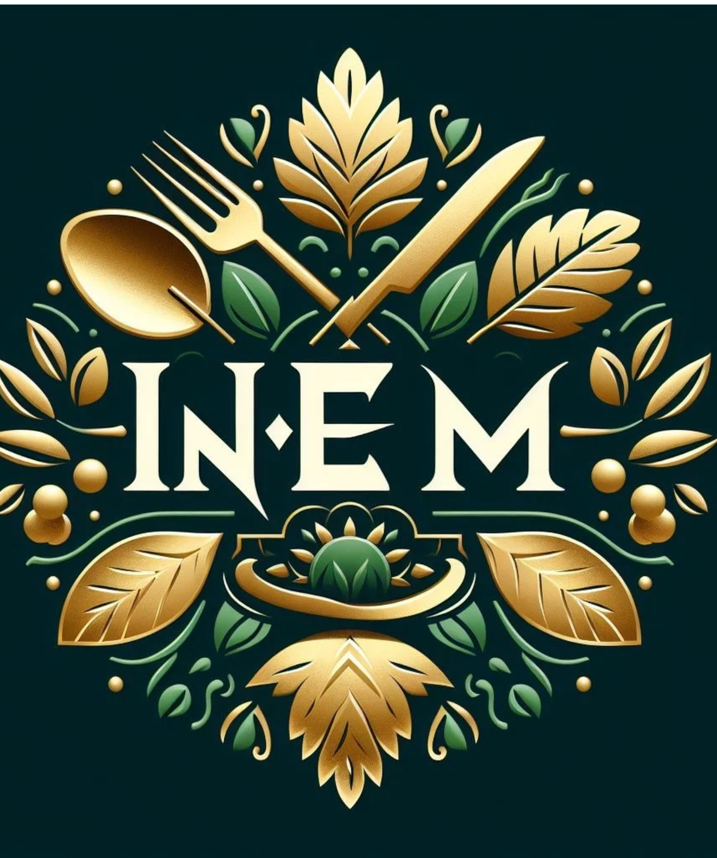 A decorative logo with gold and green elements, including a fork, knife, spoon, wheat, leaves, and berries, surrounding the text 'INE M'