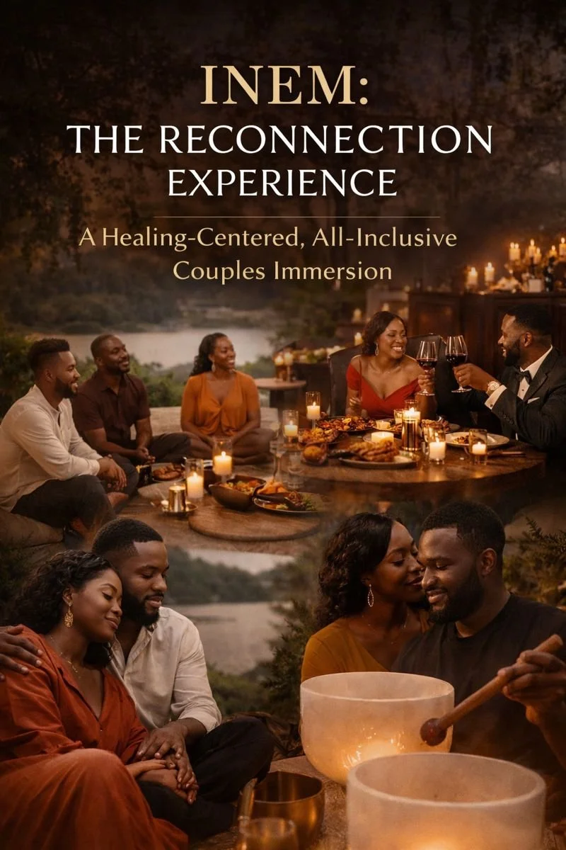 A promotional poster for INEM: The Reconnection Experience, an inclusive couple's immersion event, featuring groups of couples enjoying a dinner party outdoors with candles, drinks, and food, surrounded by nature.