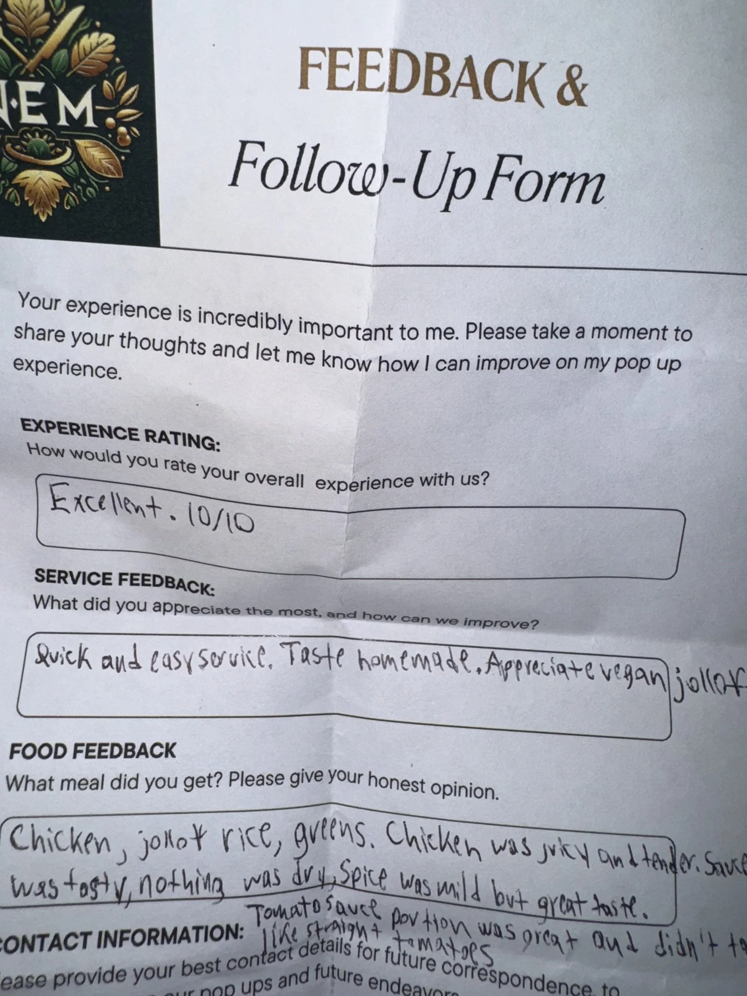 A feedback and follow-up form with handwritten responses, including ratings and comments on service and food quality.