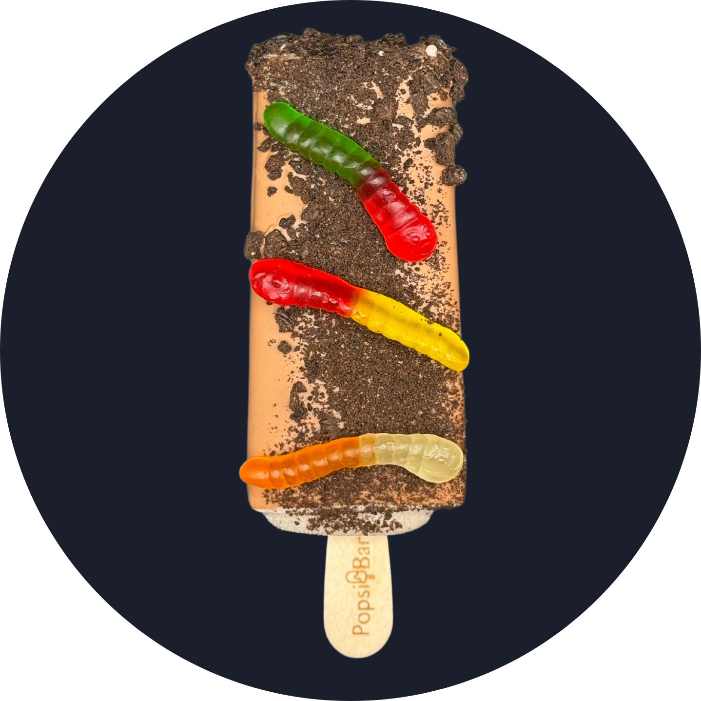 Oreo Cookie Popsicle Dipped in Milk Chocolate Topped with Oreo Cookie and Gummy Worms