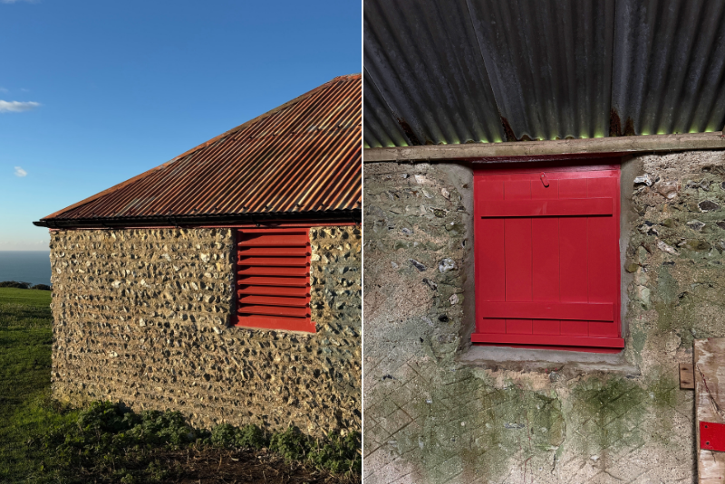 The red shutter windows on a flint building near Birling Gap