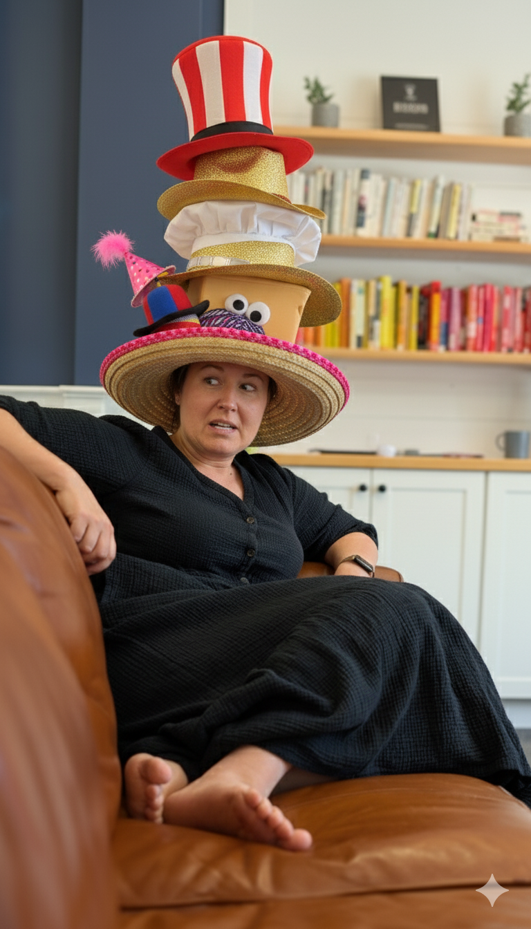A woman sitting on a brown leather couch, wearing a black dress, with a stack of colorful hats on her head, including a red and white striped hat and a pink hat with a pom-pom, in a room with white and blue walls, bookshelves, and small potted plants.