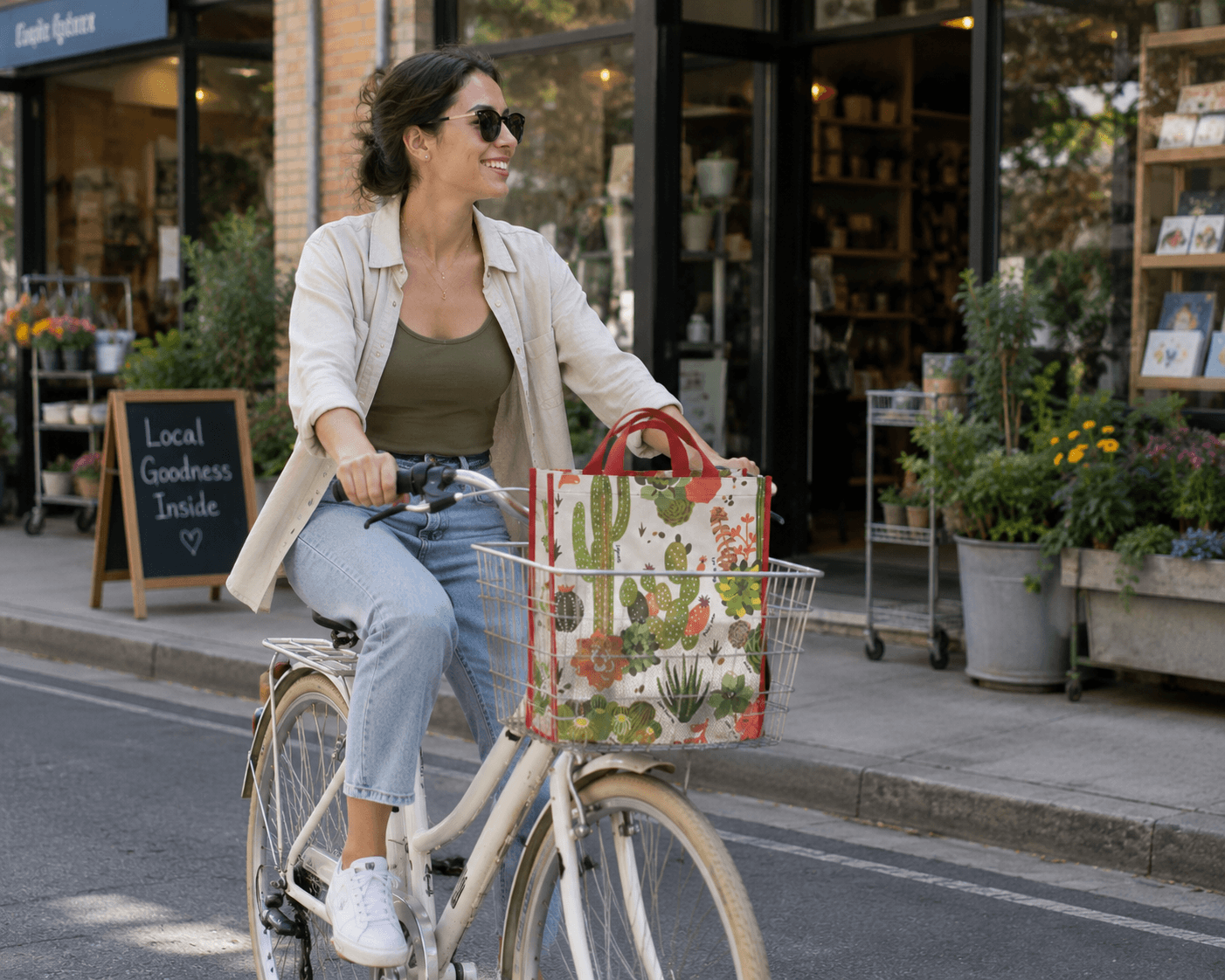 Woman riding a bike with a reusable rPET bag in the basket