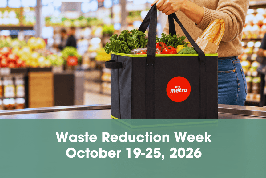 Waste Reduction Week October 19-25, 2026: Shopper holding a reusable grocery bag filled with groceries at a checkout counter.