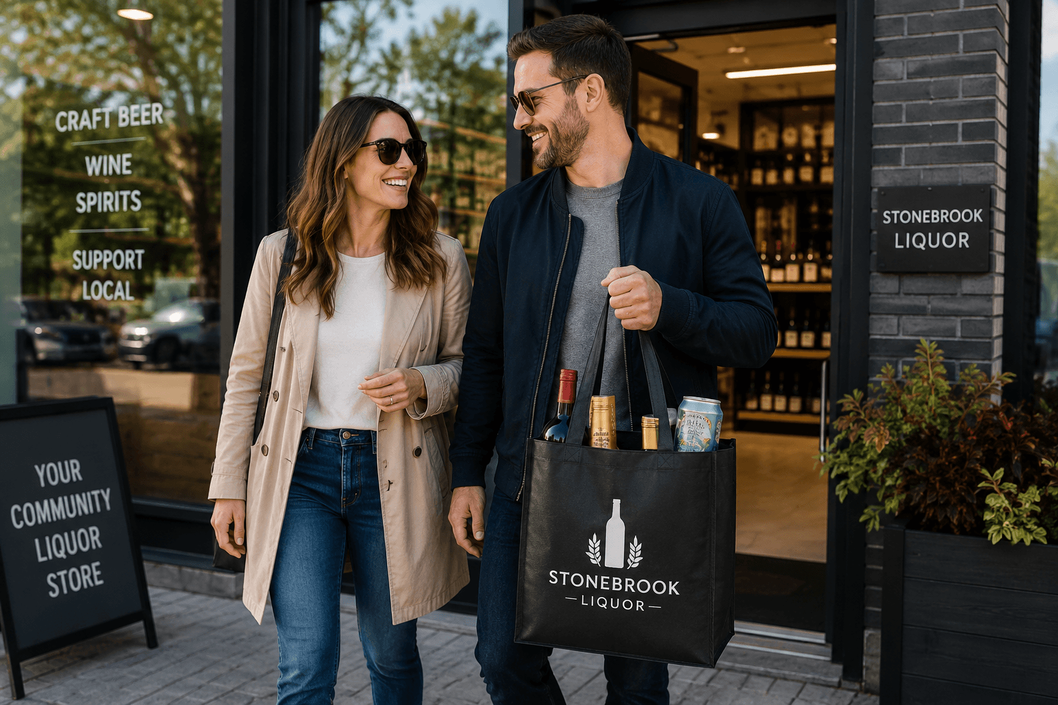 A couple leaving a liquor store with a reusuable bag