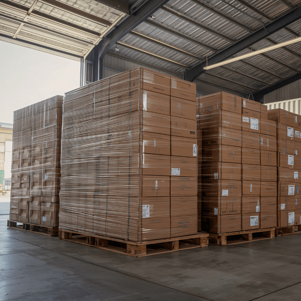 Warehouse with pallets of reusable bags in boxes