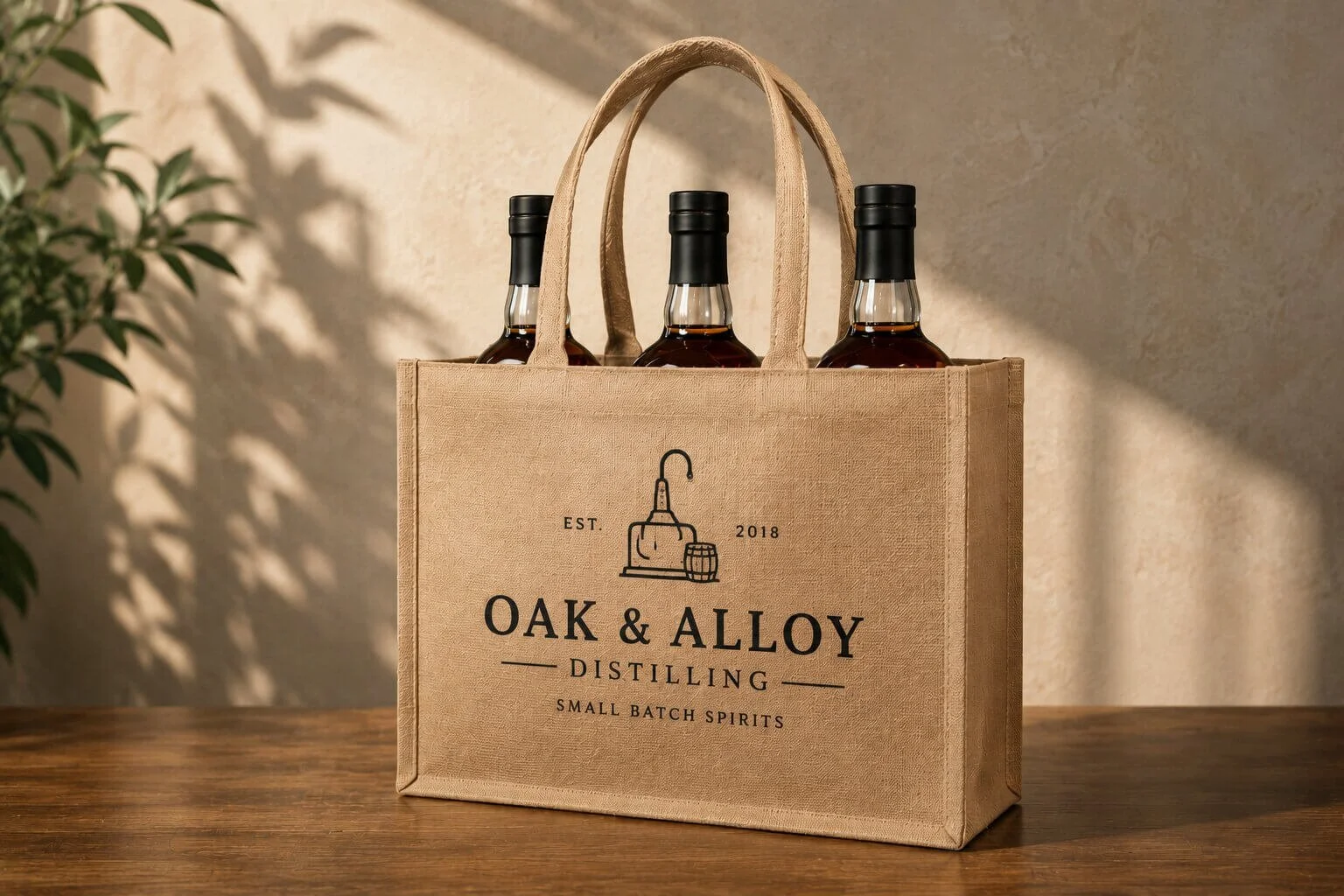 Jute bottle bag for a distillery