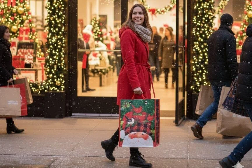 Holiday shopping with a custom reusable bag