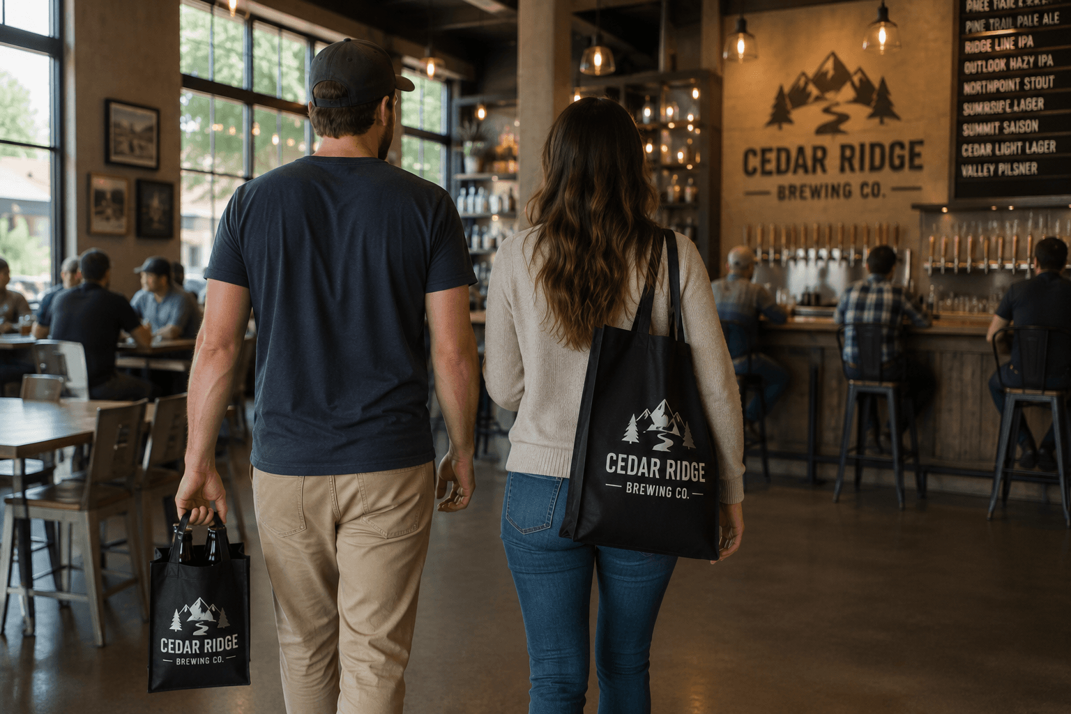 A couple at a brewery with reusable bags