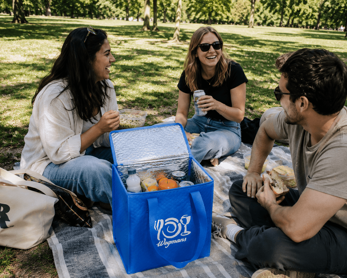 People enjoying a picnic using an Wegman's insulated bag