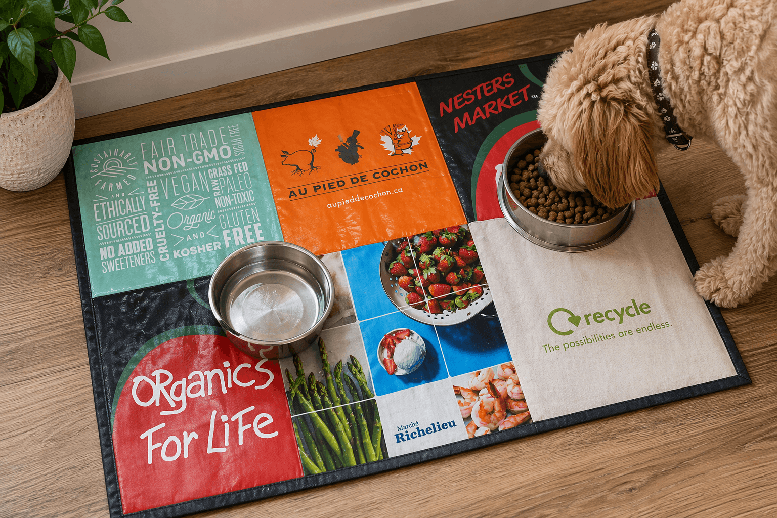 Pet feeding mat made out of reusable bags