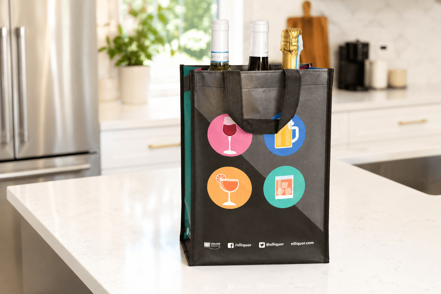 Custom bottle bag on a kitchen counter