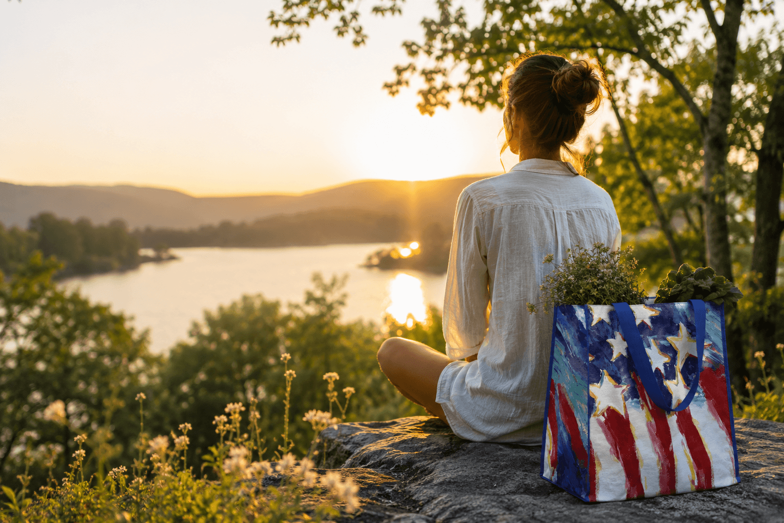 Girl looking at a lake with a polypropylene bag