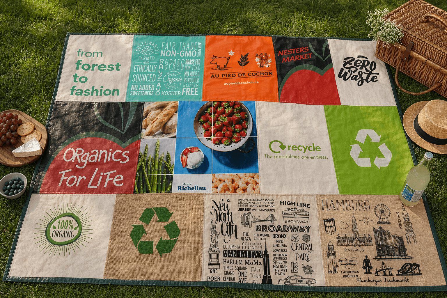 Picnic blanket made out of reusable shopping bags