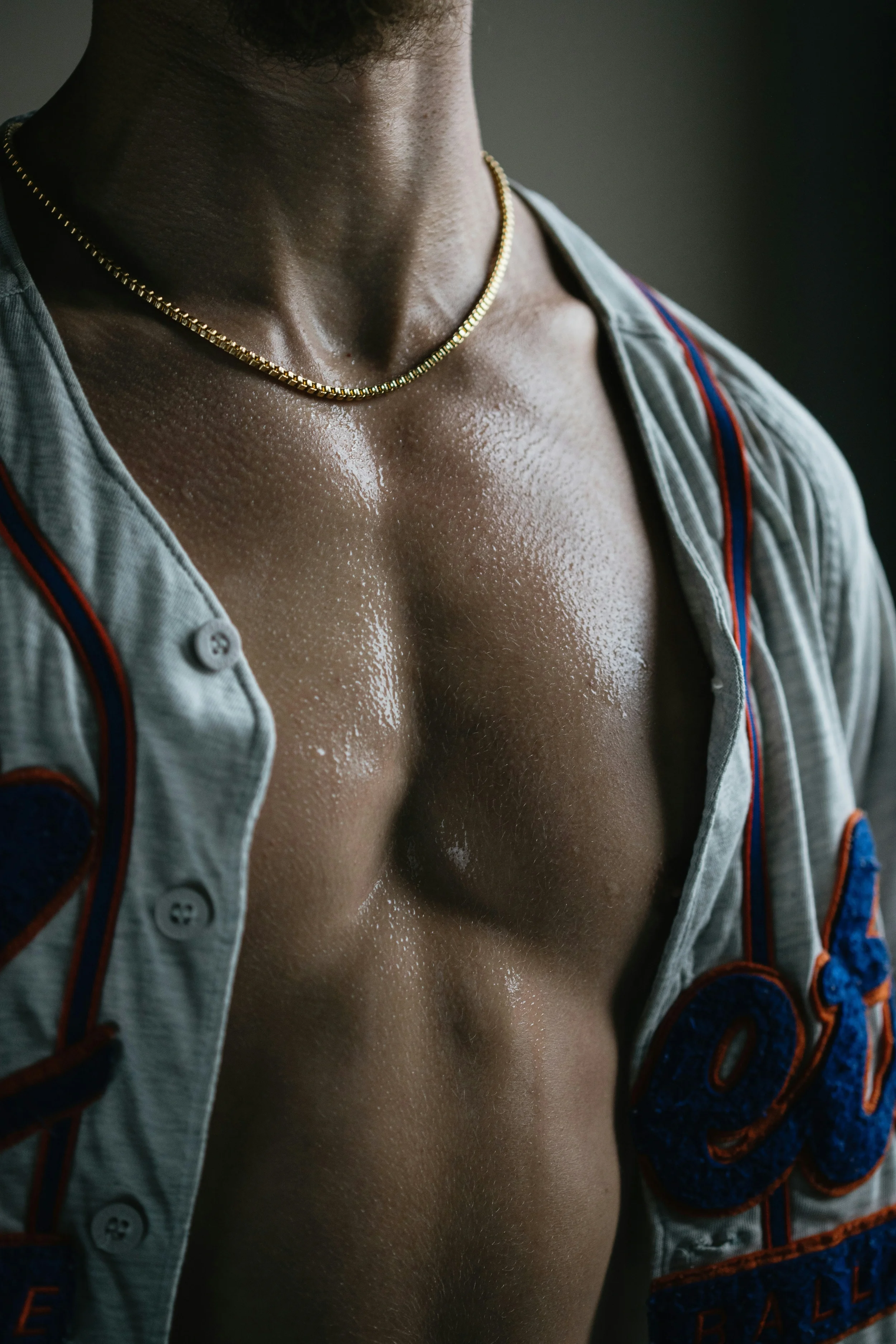 close up photo of a mans chest beneath an unbuttoned shirt