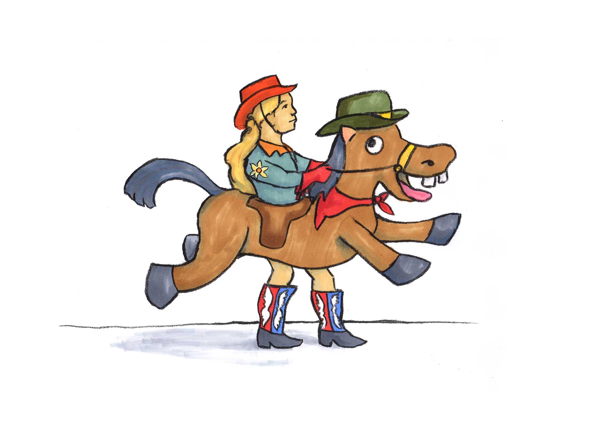 Pen and ink sketch of a girl riding a horse